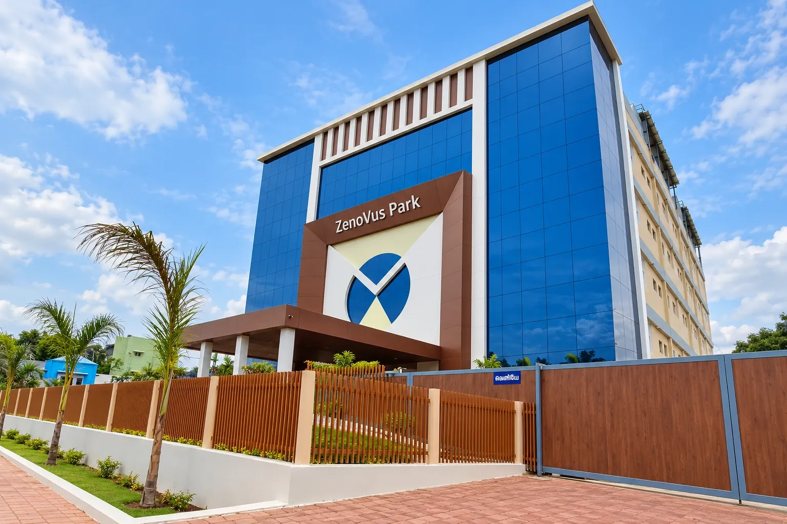 The ZenoVus building in Tirunelveli, with a blue glass front and the ZenoVus Park sign